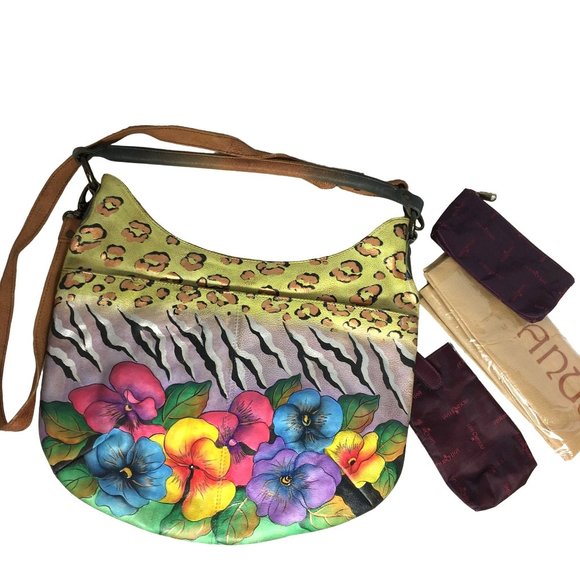 Anuschka NEVER USED Handpainted Leather Cross Body Floral Animal - Picture 4 of 13